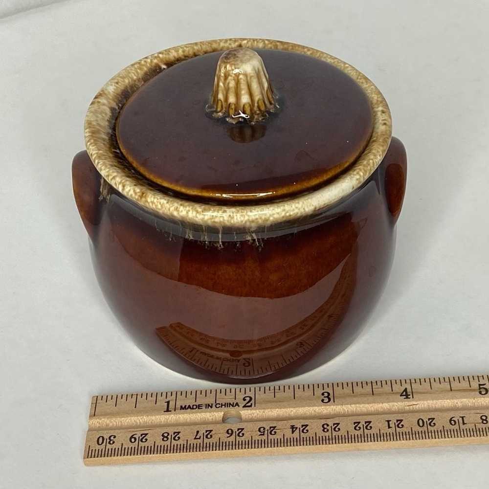 Hull Ovenproof U.S.A. Small Pot with Lid Vintage Brown with Beige Glaze 3-1/2”